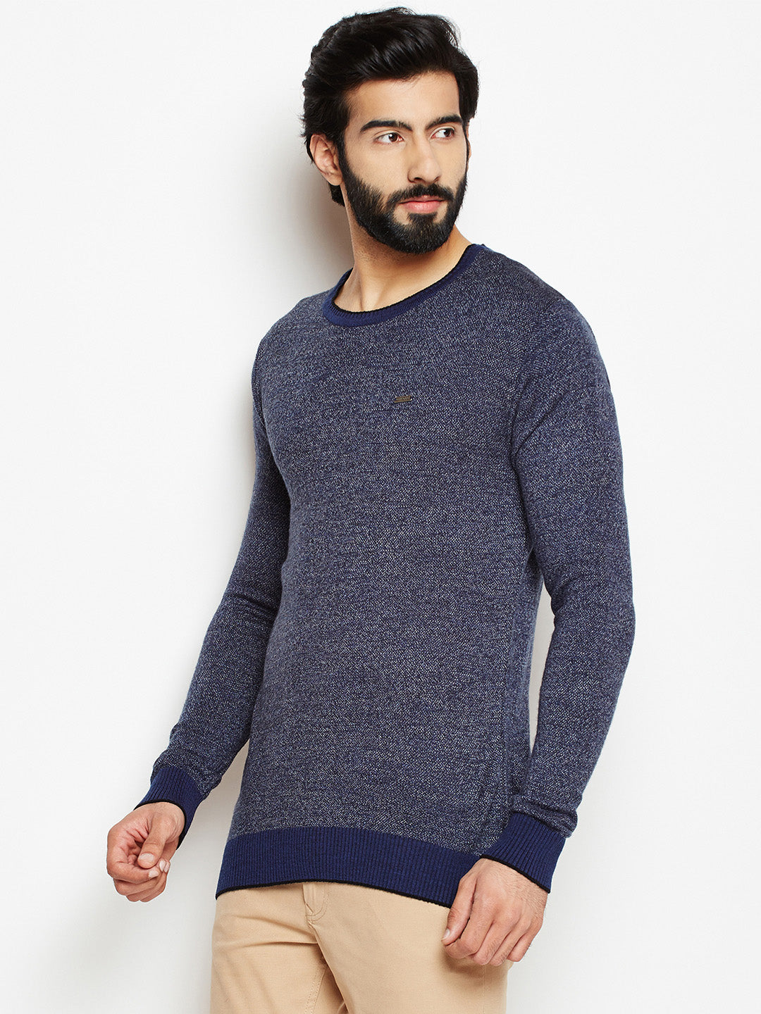 Blue Solid Round Neck Sweaters-Men Sweaters-Crimsoune Club