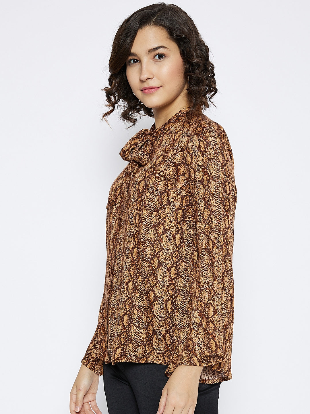 Beige Printed Tie-up Neck Top - Women Tops