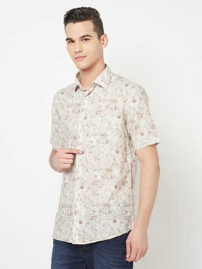 Beige Floral Printed Linen Shirt - Men Shirts