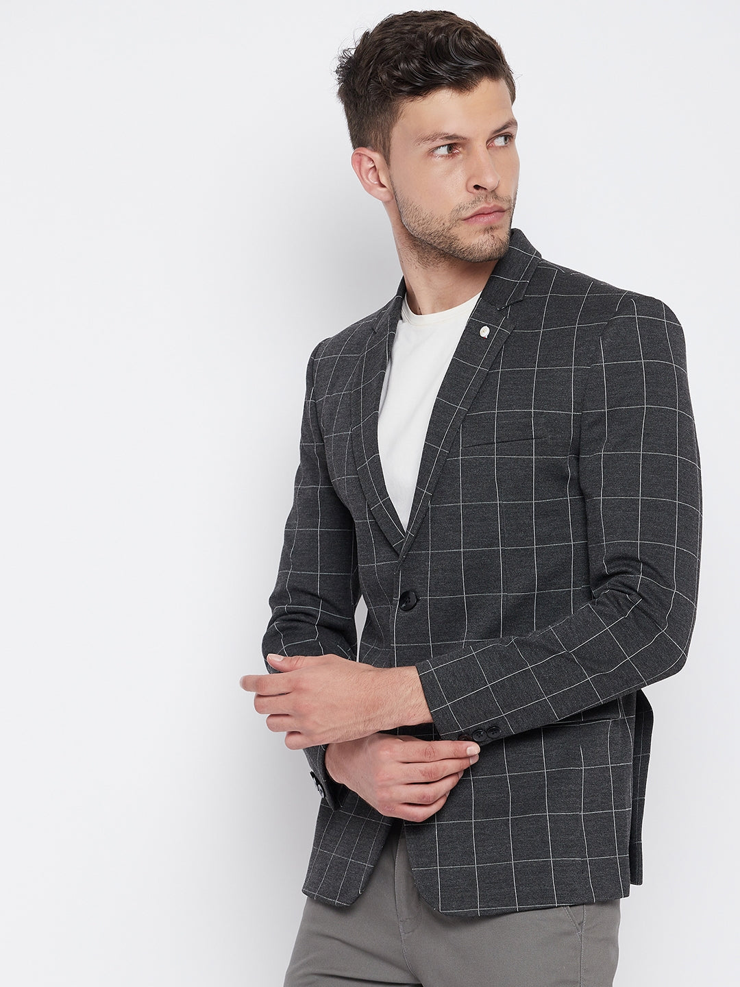 Grey Checked Notched Lapel Blazer-Mens Blazers-Crimsoune Club