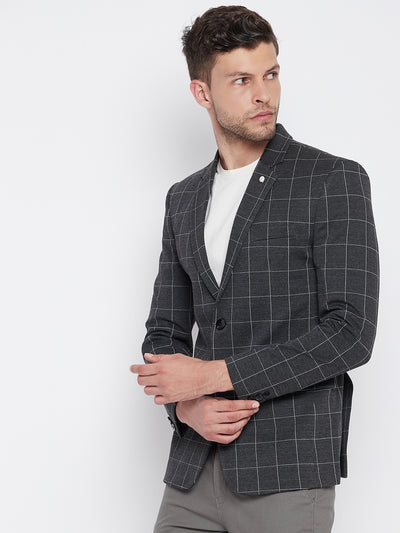 Grey Checked Notched Lapel Blazer-Mens Blazers-Crimsoune Club
