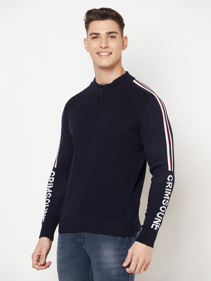 Navy Blue Printed Mock Neck Sweater - Men Sweaters