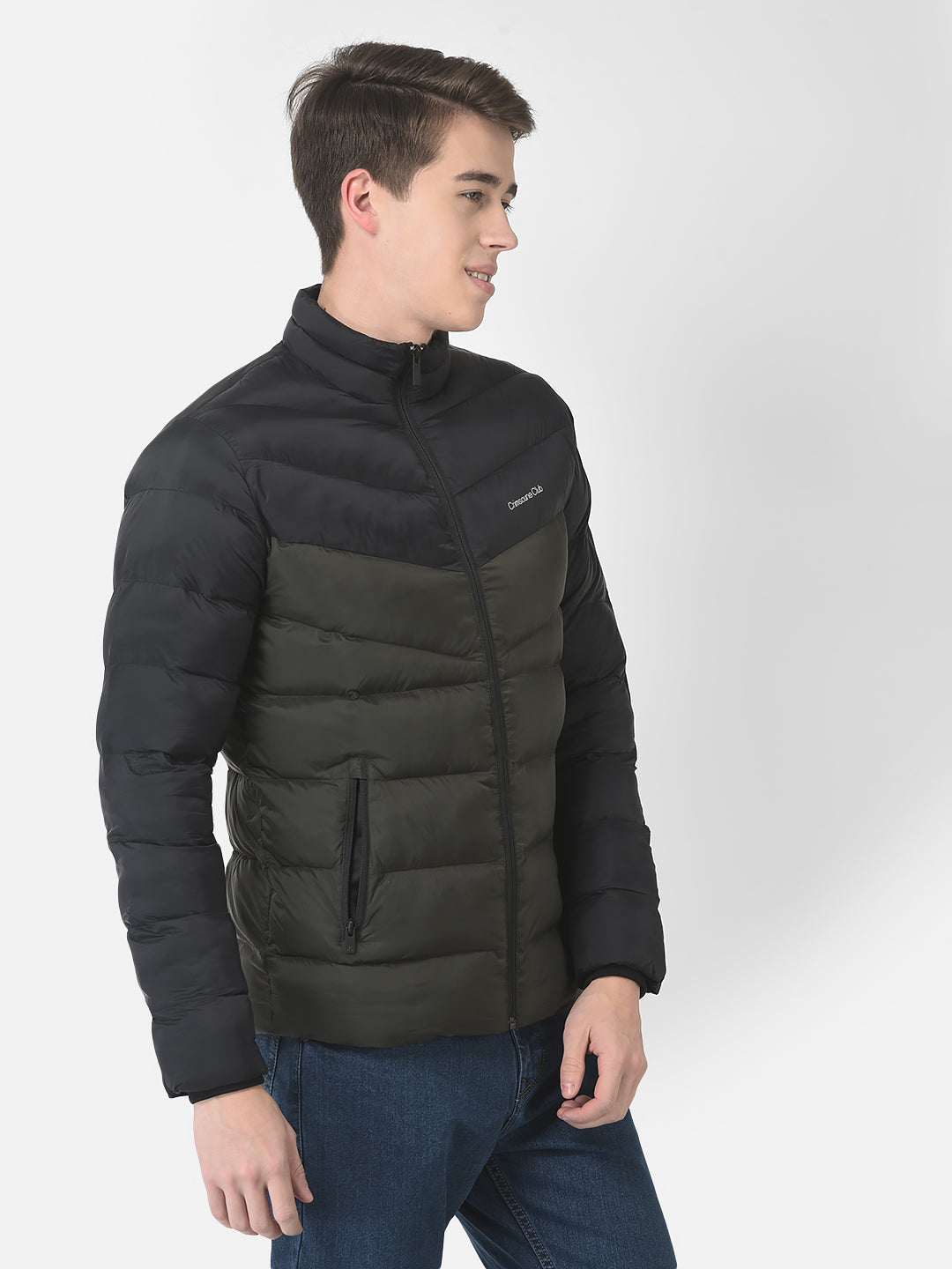  Blue Colour-Blocked Padded Jacket