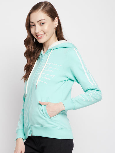 Mint Green Printed Hooded Sweatshirt - Women Sweatshirts