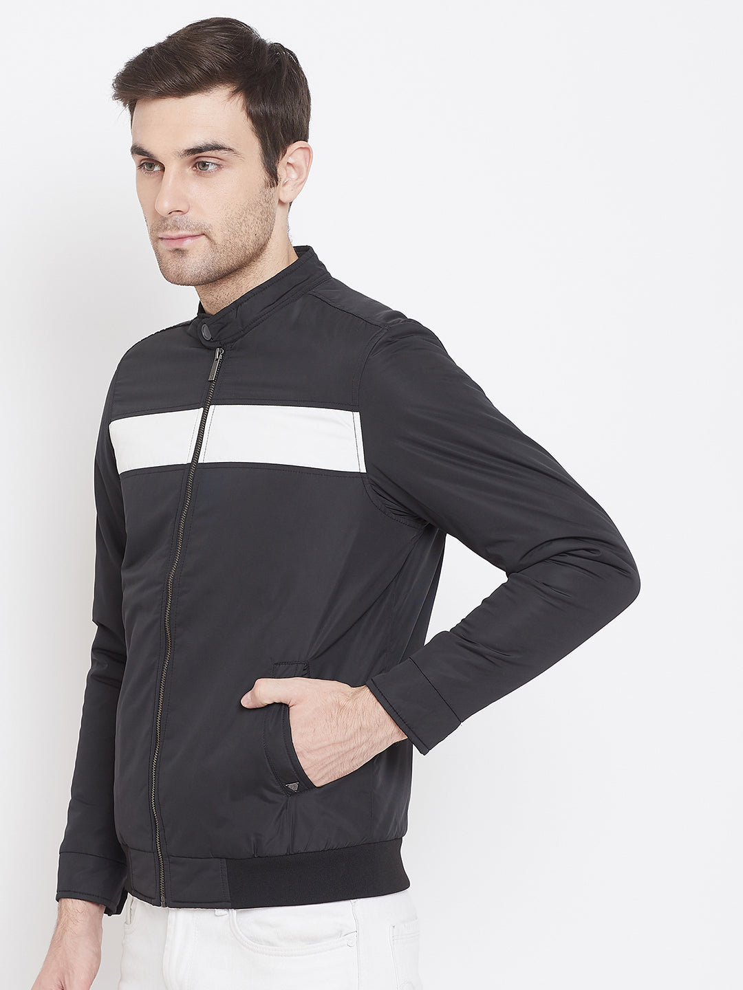 Navy Blue Printed Mock Neck Jackets-Mens Jacket-Crimsoune Club