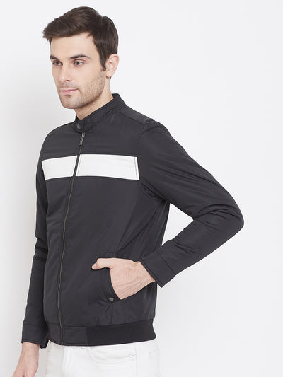 Navy Blue Printed Mock Neck Jackets-Mens Jacket-Crimsoune Club