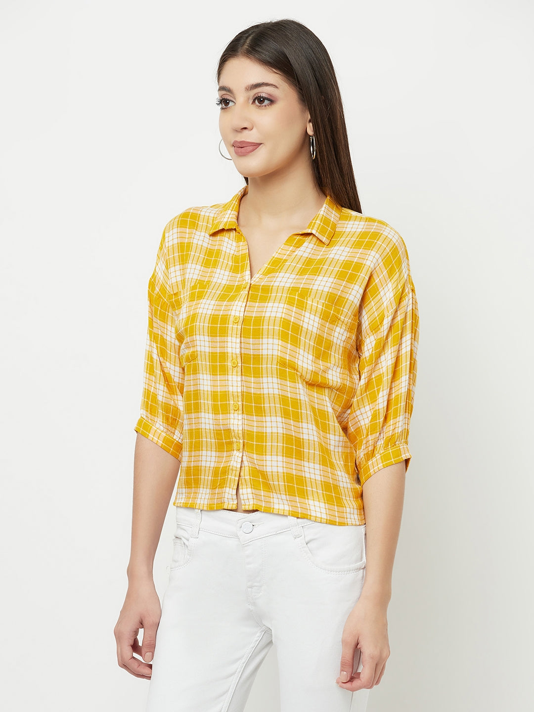 Mustard Checked Multi Pocket Cropped Shirt - Women Shirts