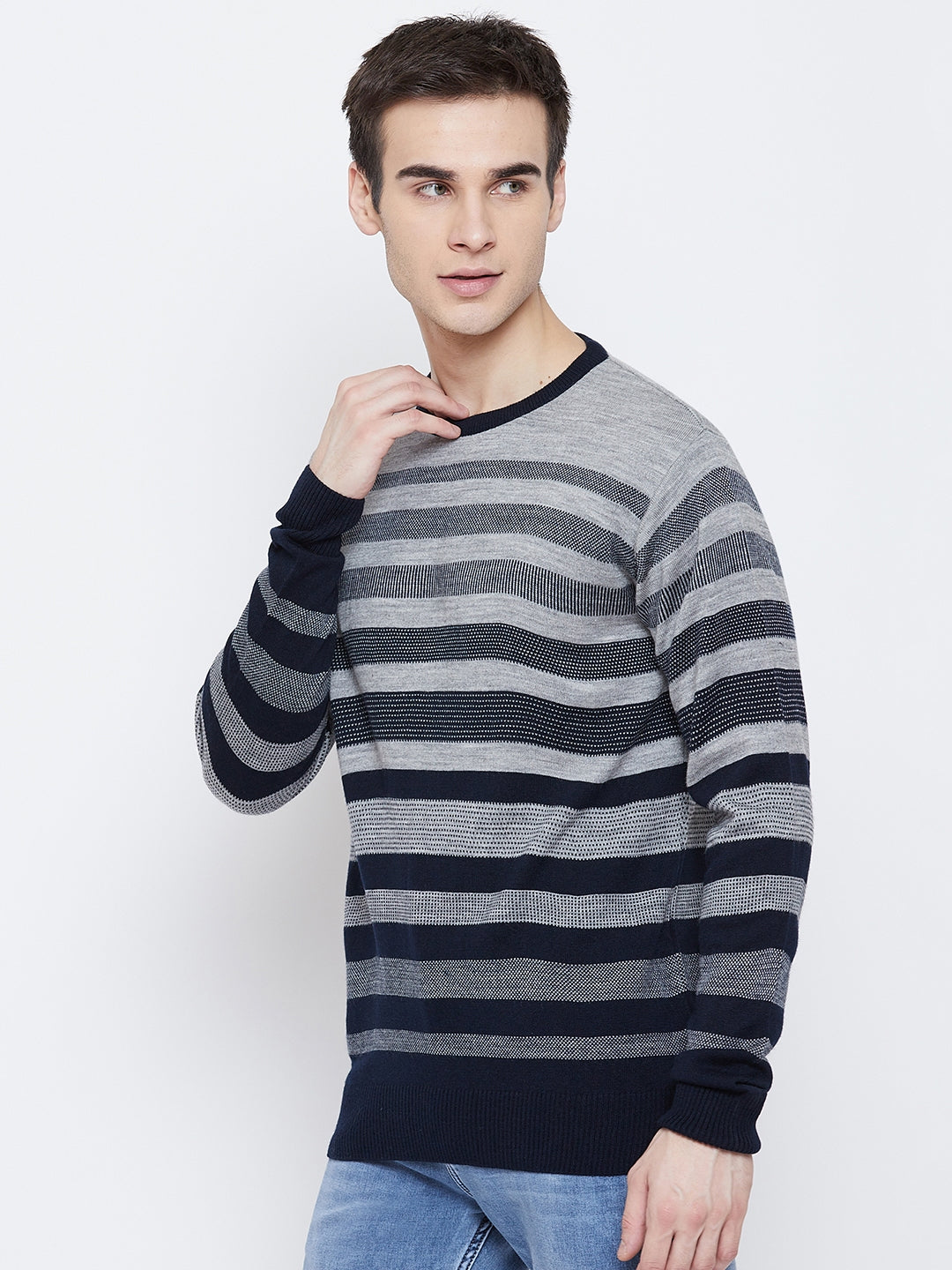 Navy Blue Striped Round Neck Sweater - Men Sweaters