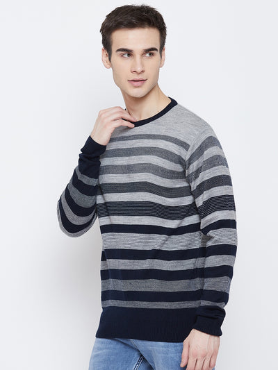 Navy Blue Striped Round Neck Sweater - Men Sweaters