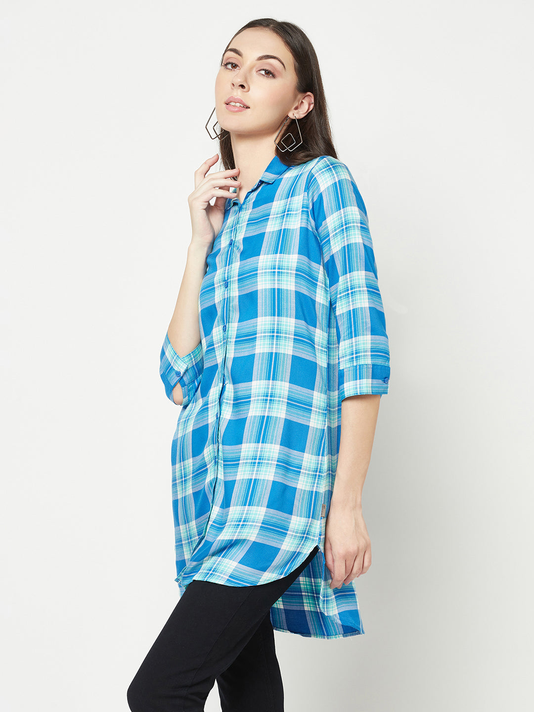  Turquoise Checked Longline Shirt