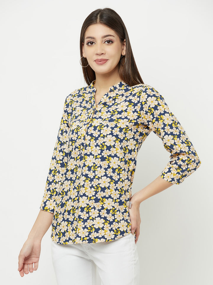 Multi-Color Floral Printed Mandarin Collar Top - Women Tops