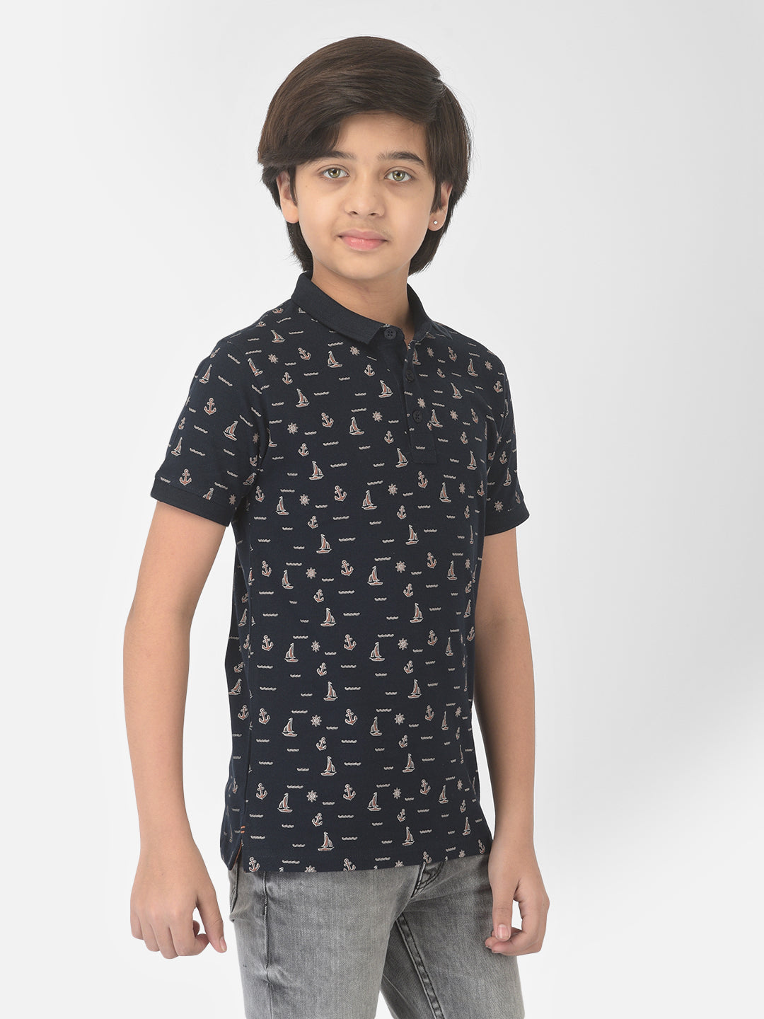 Navy Blue Printed Polo T-shirt - Boys T-Shirts