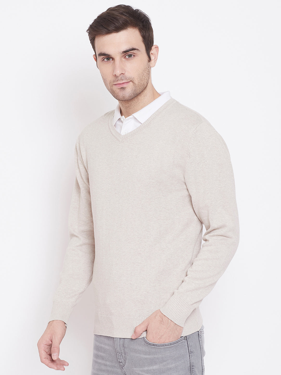 Beige V-Neck Sweater - Men Sweaters