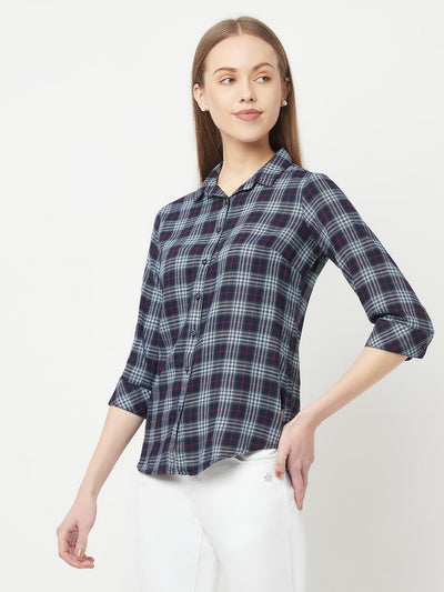Navy Blue Tartan Checks Shirt - Women Tops