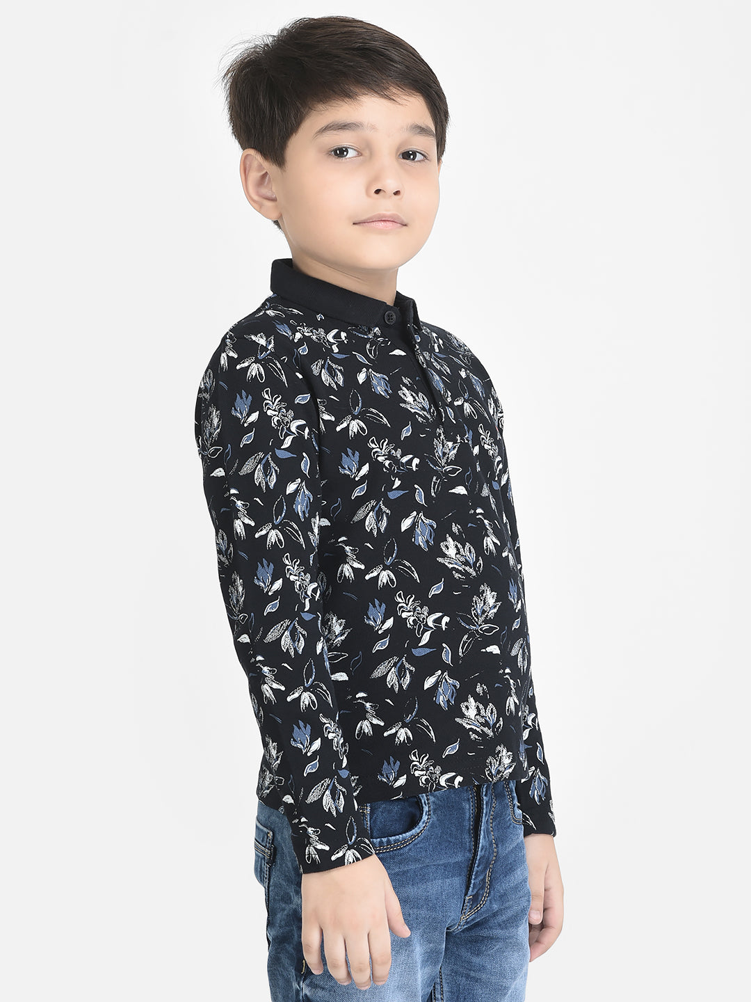 Navy Blue Floral Print T-Shirt-Boys T-Shirts-Crimsoune Club