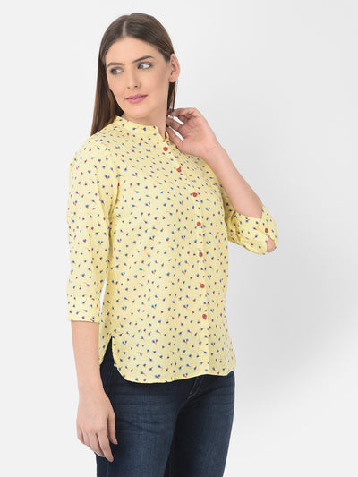 Yellow Floral Printed Linen Mandarin Collar Shirt - Women Shirts