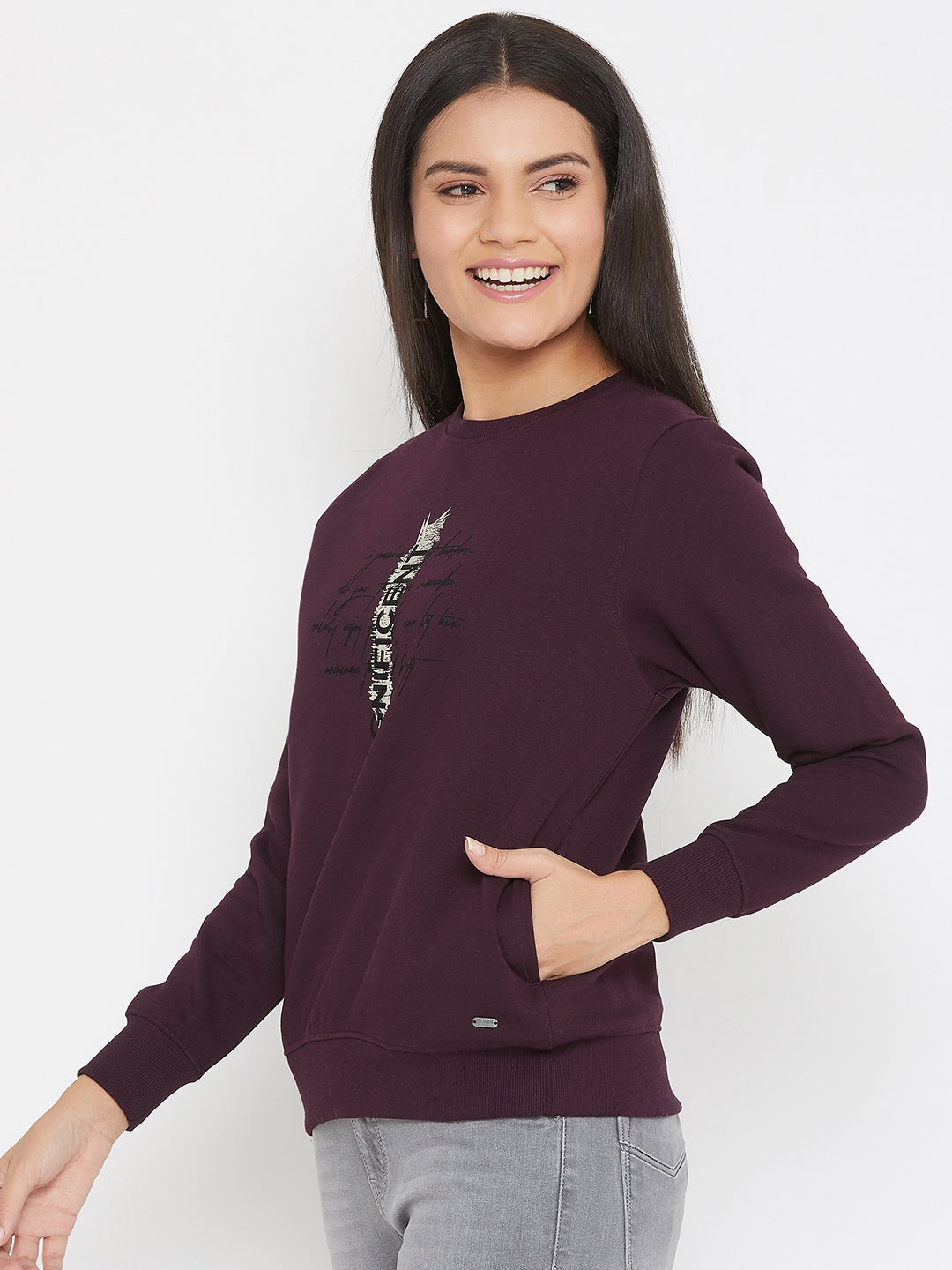 Purple Printed Round Neck Sweatshirt - Women Sweatshirts