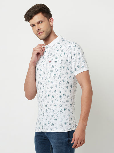 White Floral Printed Polo T-Shirt-Men T-Shirts-Crimsoune Club