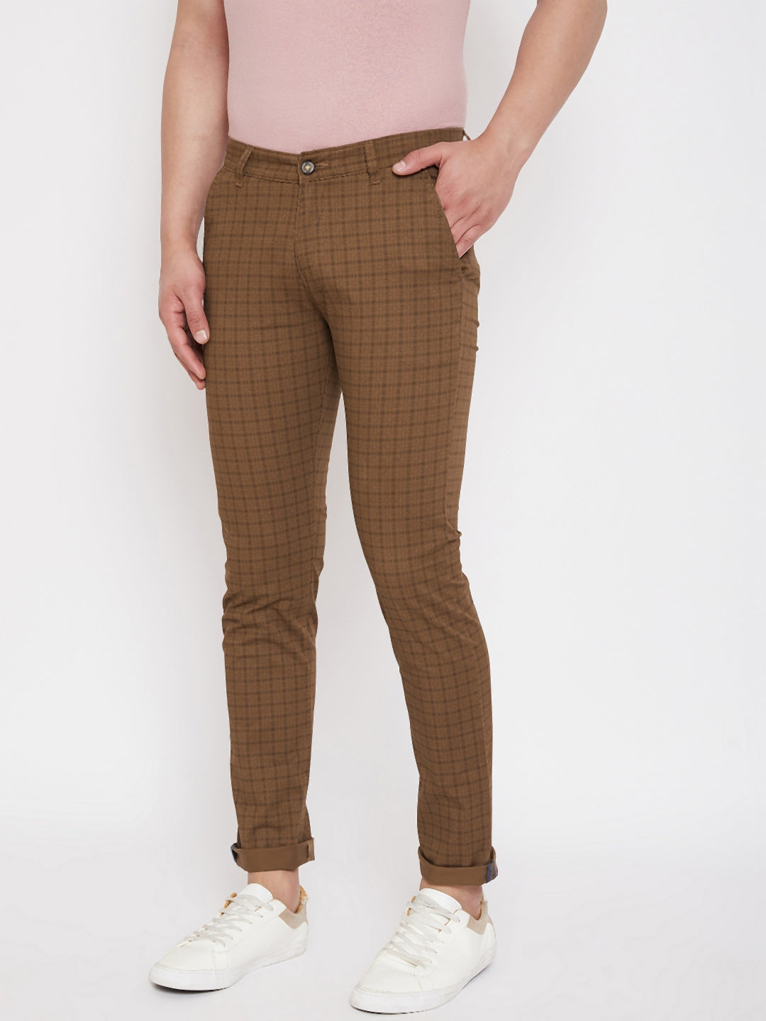 Brown Slim Fit Checked Trousers - Men Trousers