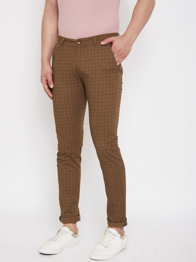 Brown Slim Fit Checked Trousers - Men Trousers