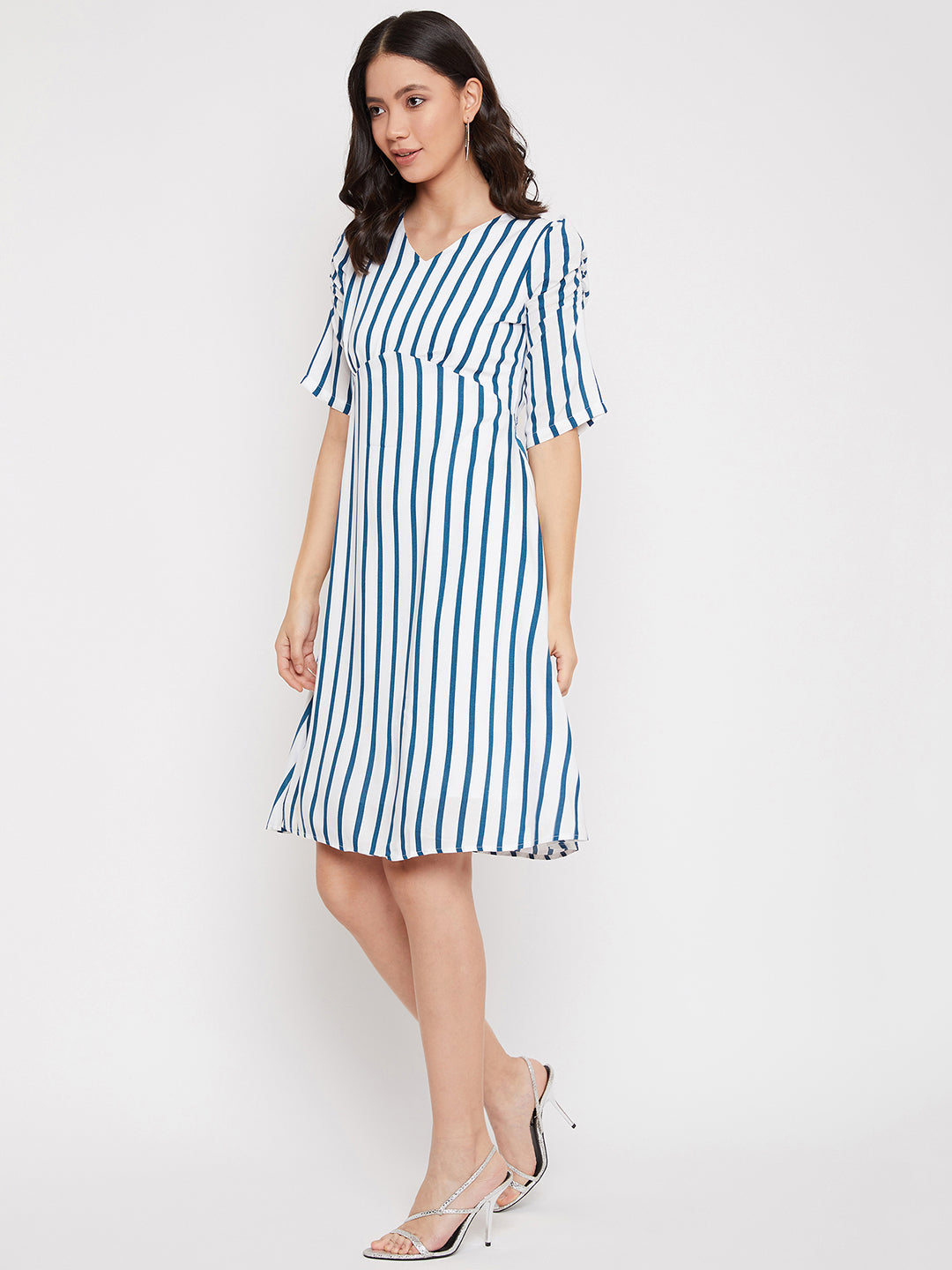 Blue and White Striped Empire Dress - Women Dresses