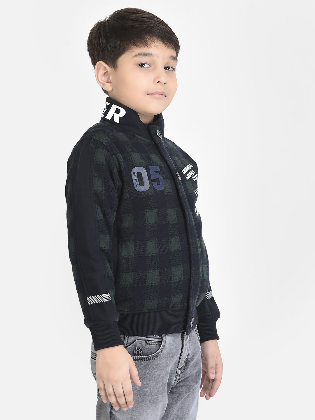 Windowpane Checked Sweatshirt with Concealed Zip