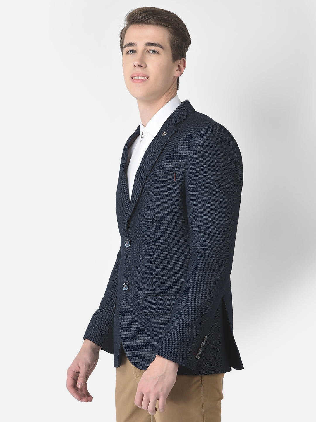  Navy Blue Textured Single-Breasted Blazer