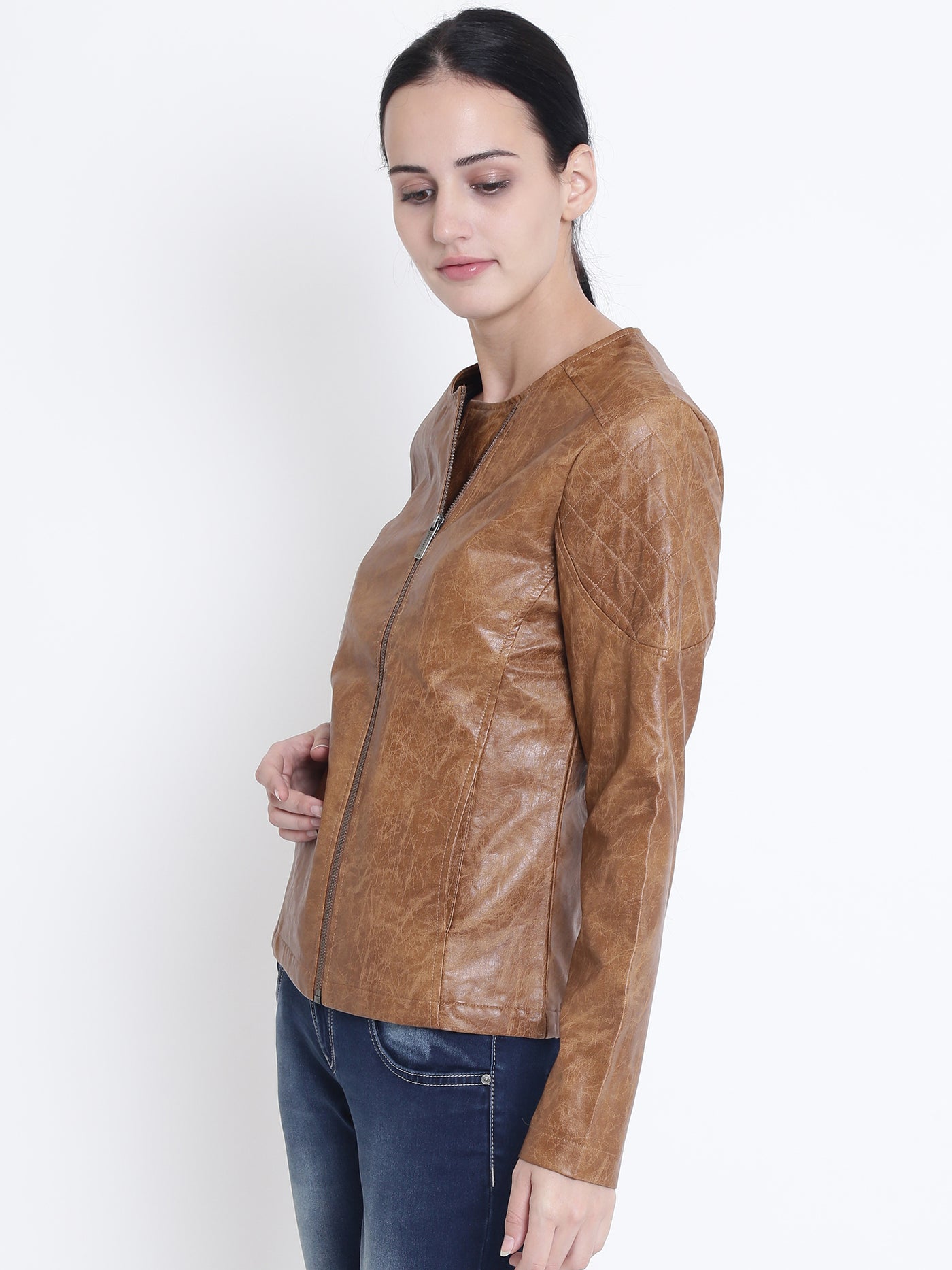 Brown Solid Collarless Jackets-Women Jackets-Crimsoune Club