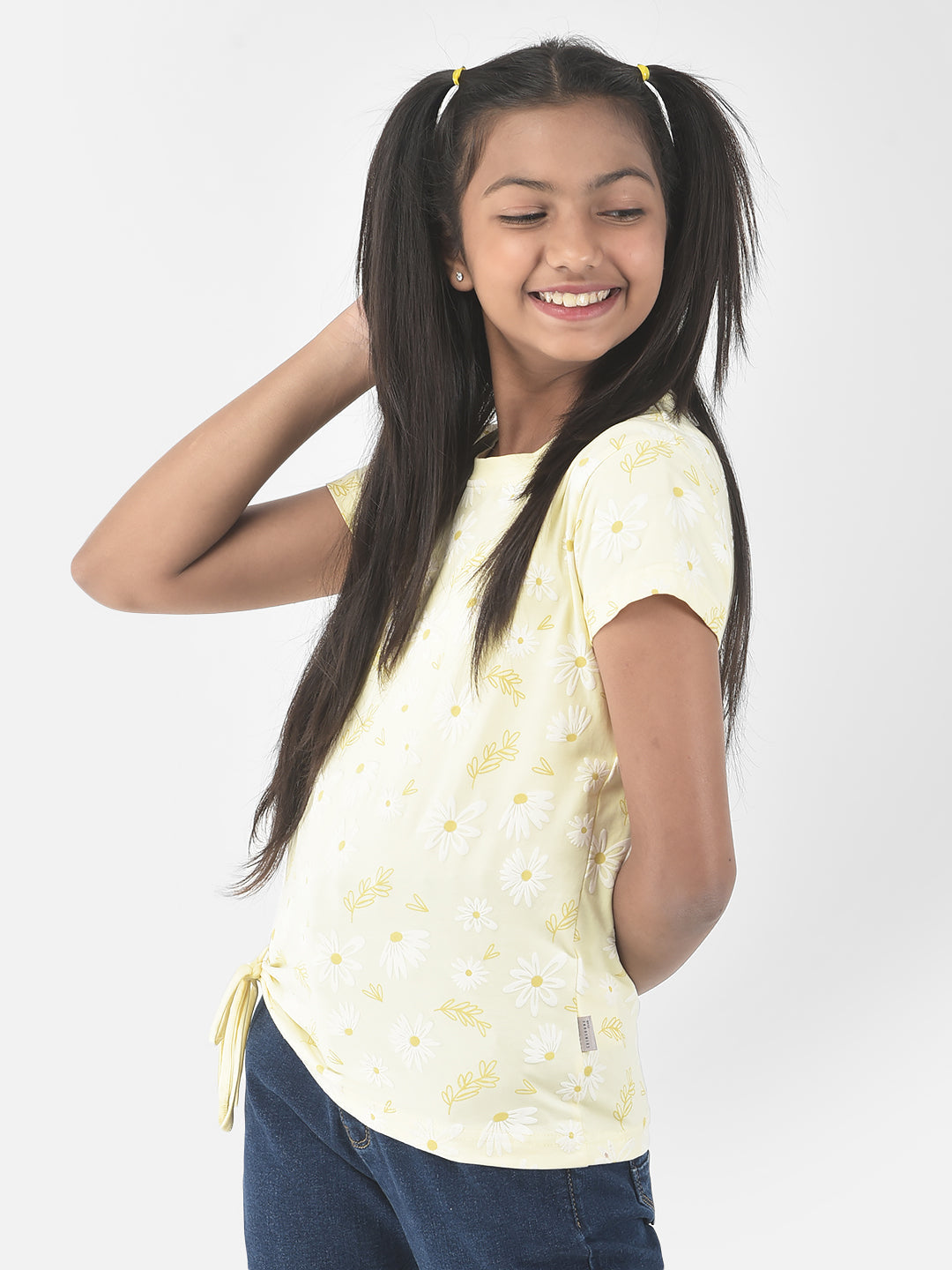  Light Yellow Cinched Floral T-Shirt