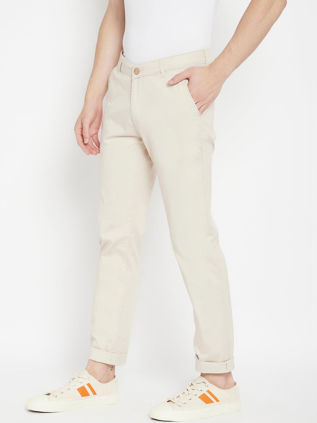 Cream Slim Fit Trousers - Men Trousers