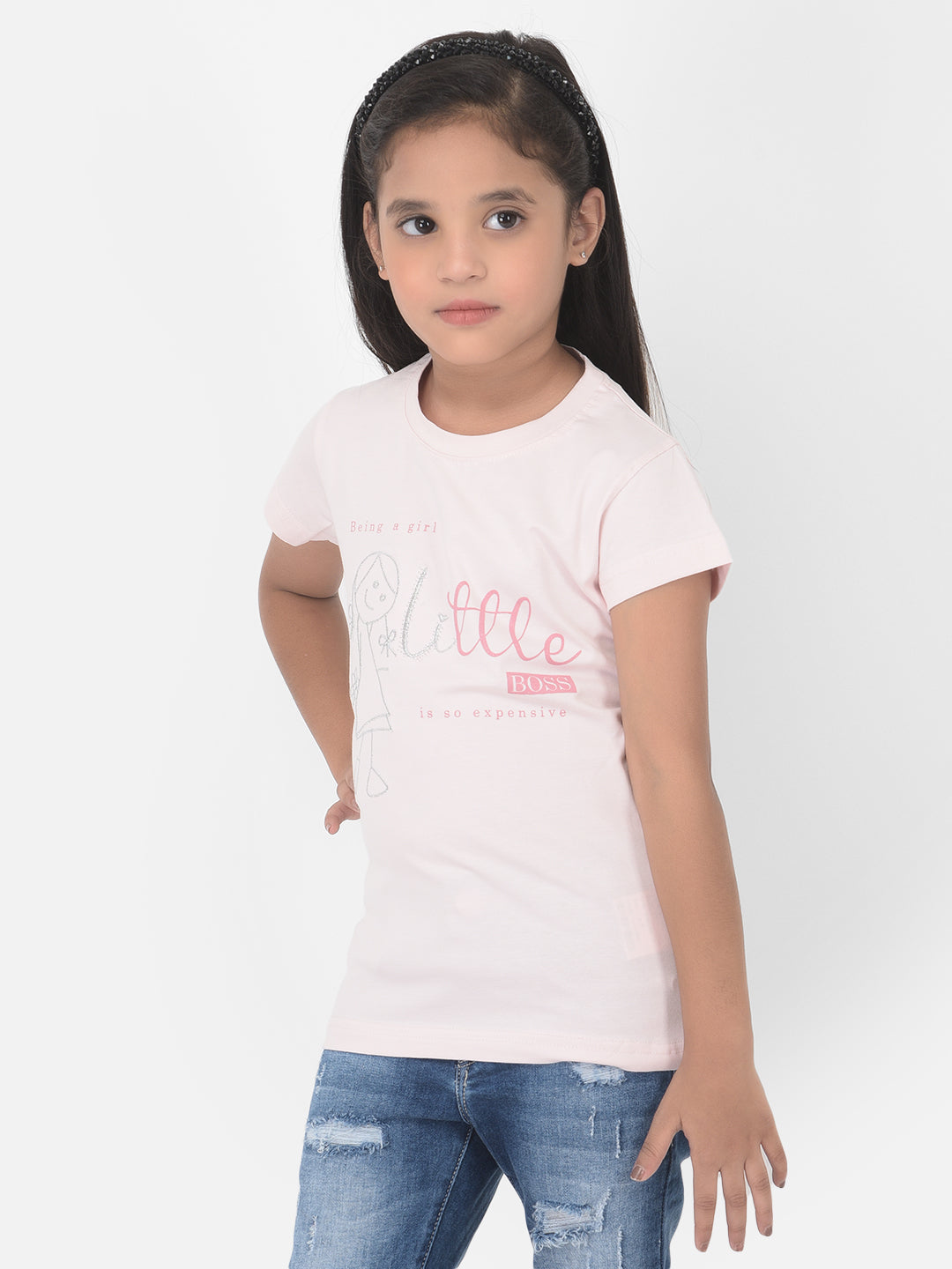 Light Pink Printed Round Neck T-Shirt - Girls T-Shirts