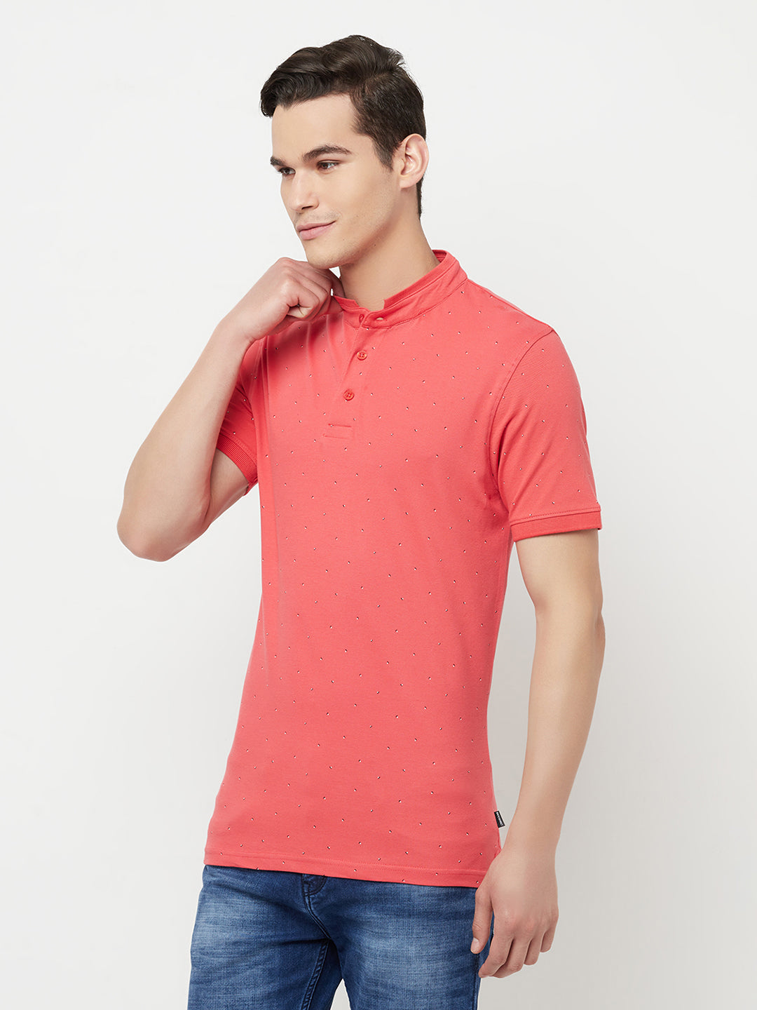 Pink Printed Mandarin Collar T-Shirt - Men T-Shirts