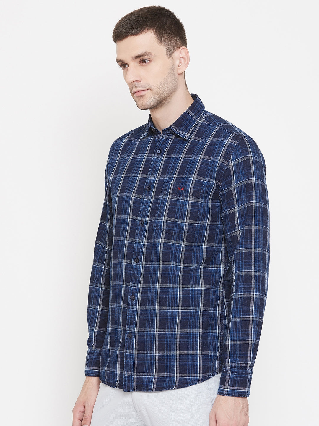 Navy Blue Checked Spread Collar Slim Fit Shirt - Men Shirts