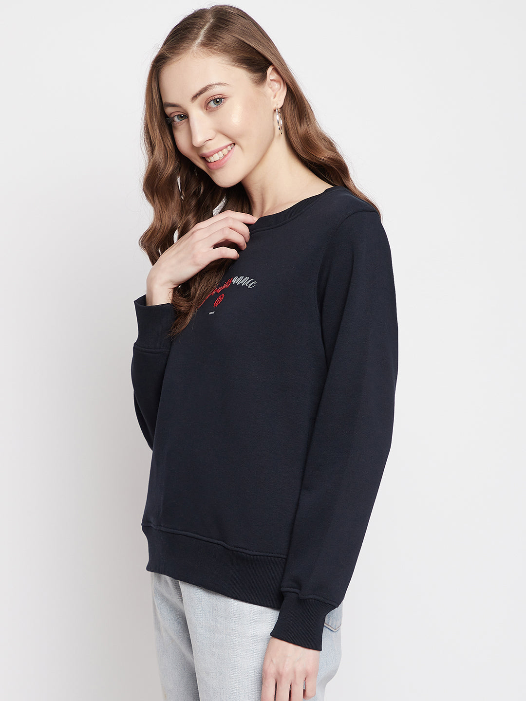 Navy Blue Printed Round Neck Sweatshirt - Women Sweatshirts