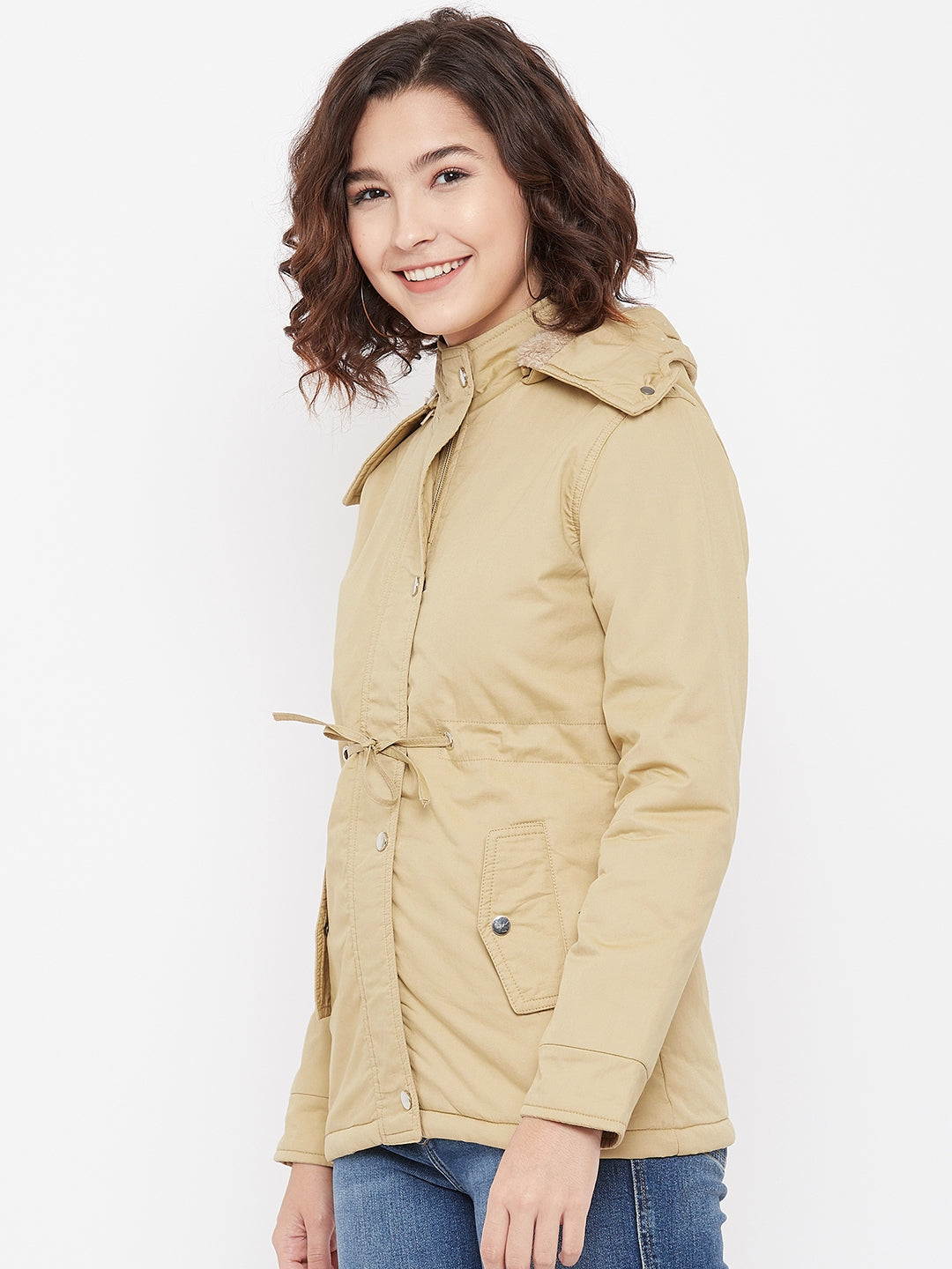 Beige Detachable Hood Jacket - Women Jackets