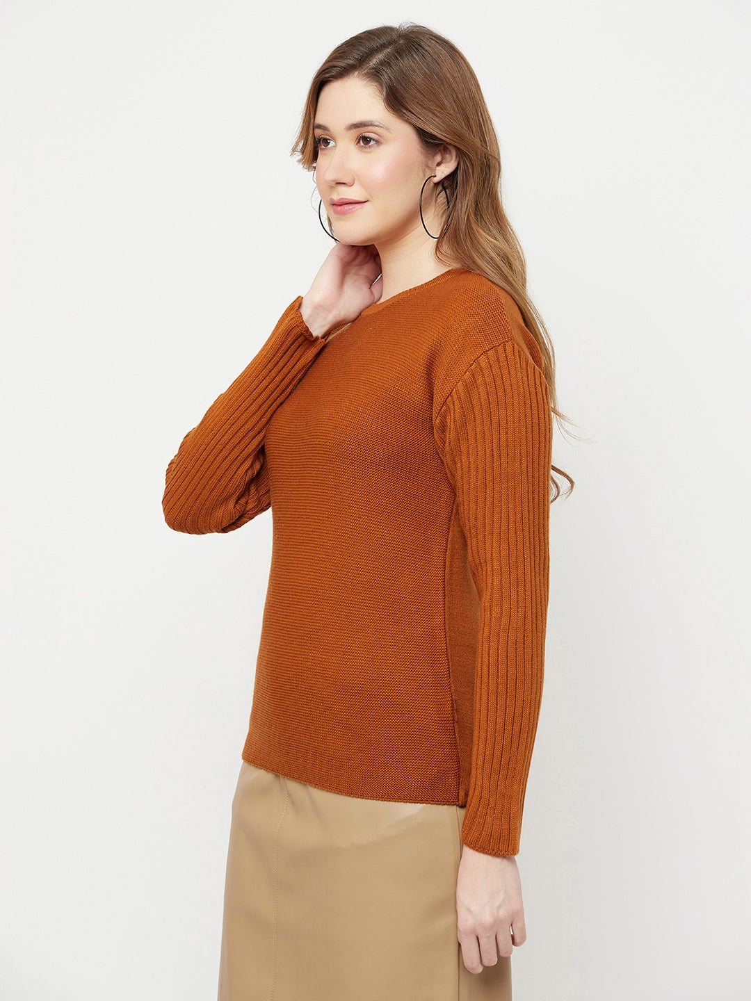 Brown Round Neck Sweater - Women Sweaters