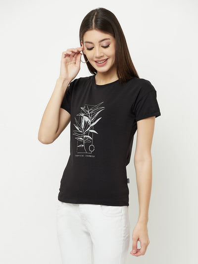 Black Printed Round Neck T-Shirt With Knot - Women T-Shirts