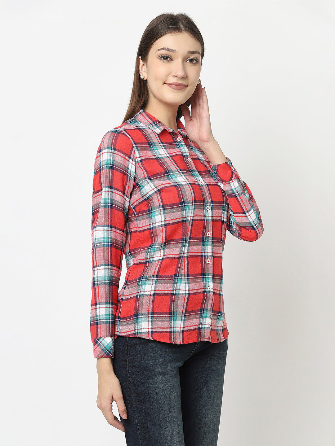 Red Check Shirt with High-Low Hemline