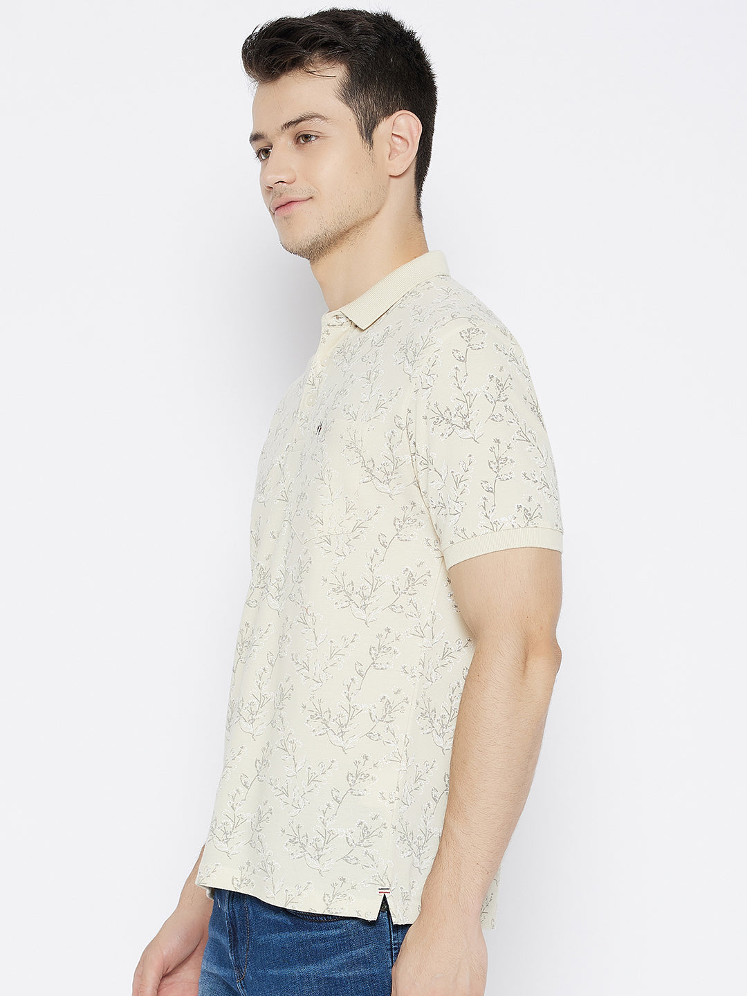 Cream Printed Polo Neck T-shirt - Men T-Shirts