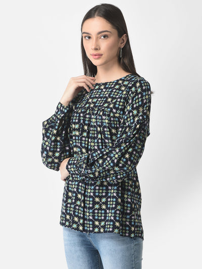  Navy Blue Abstract Print Top