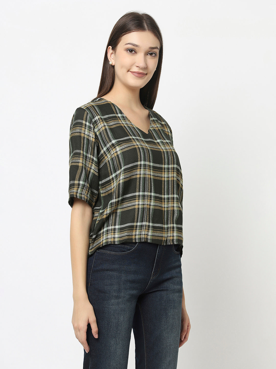 Dark Green Cropped Top in Checks