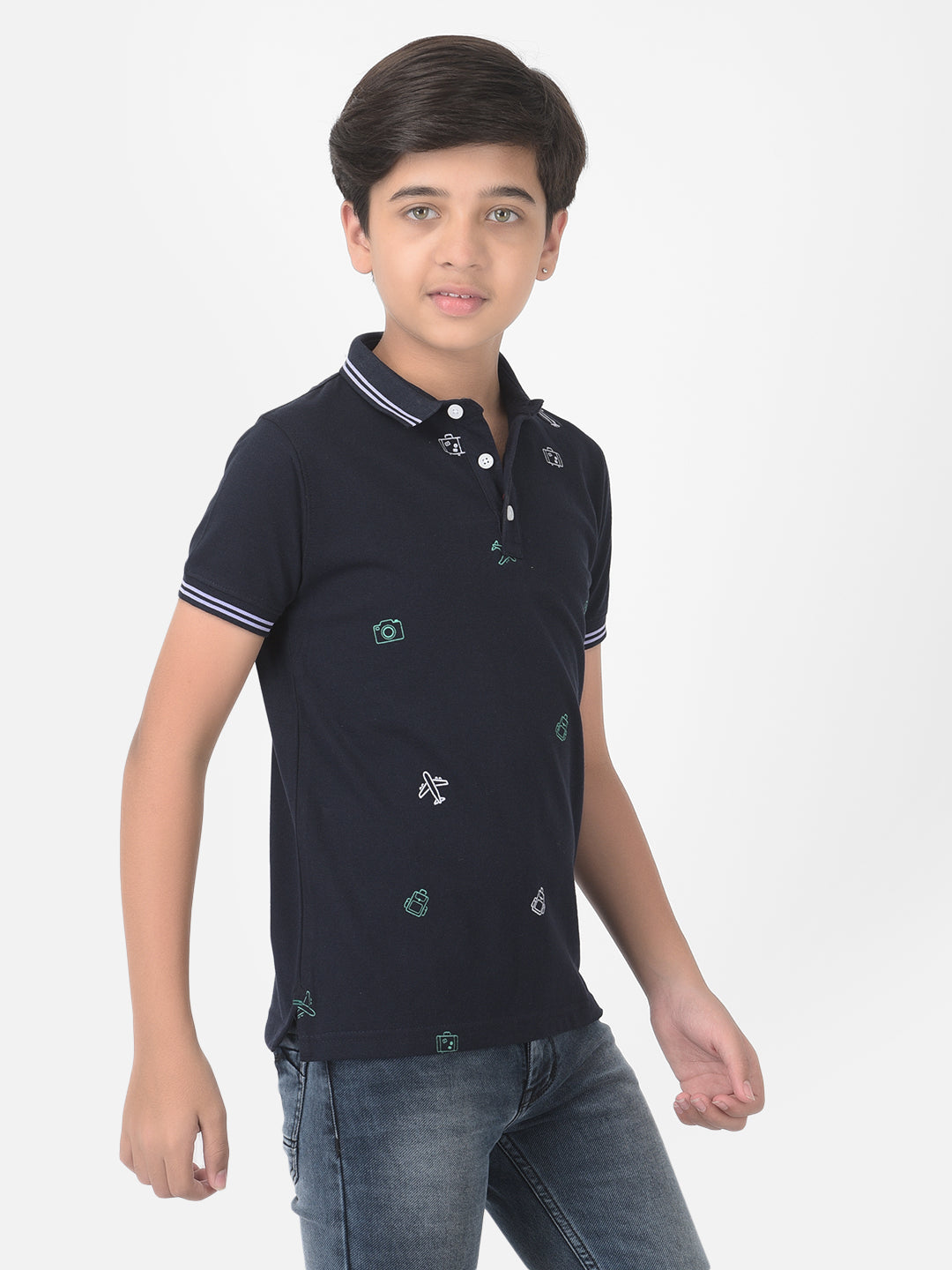 Navy Blue Printed Polo T-shirt - Boys T-Shirts