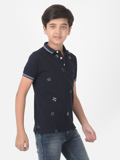 Navy Blue Printed Polo T-shirt - Boys T-Shirts