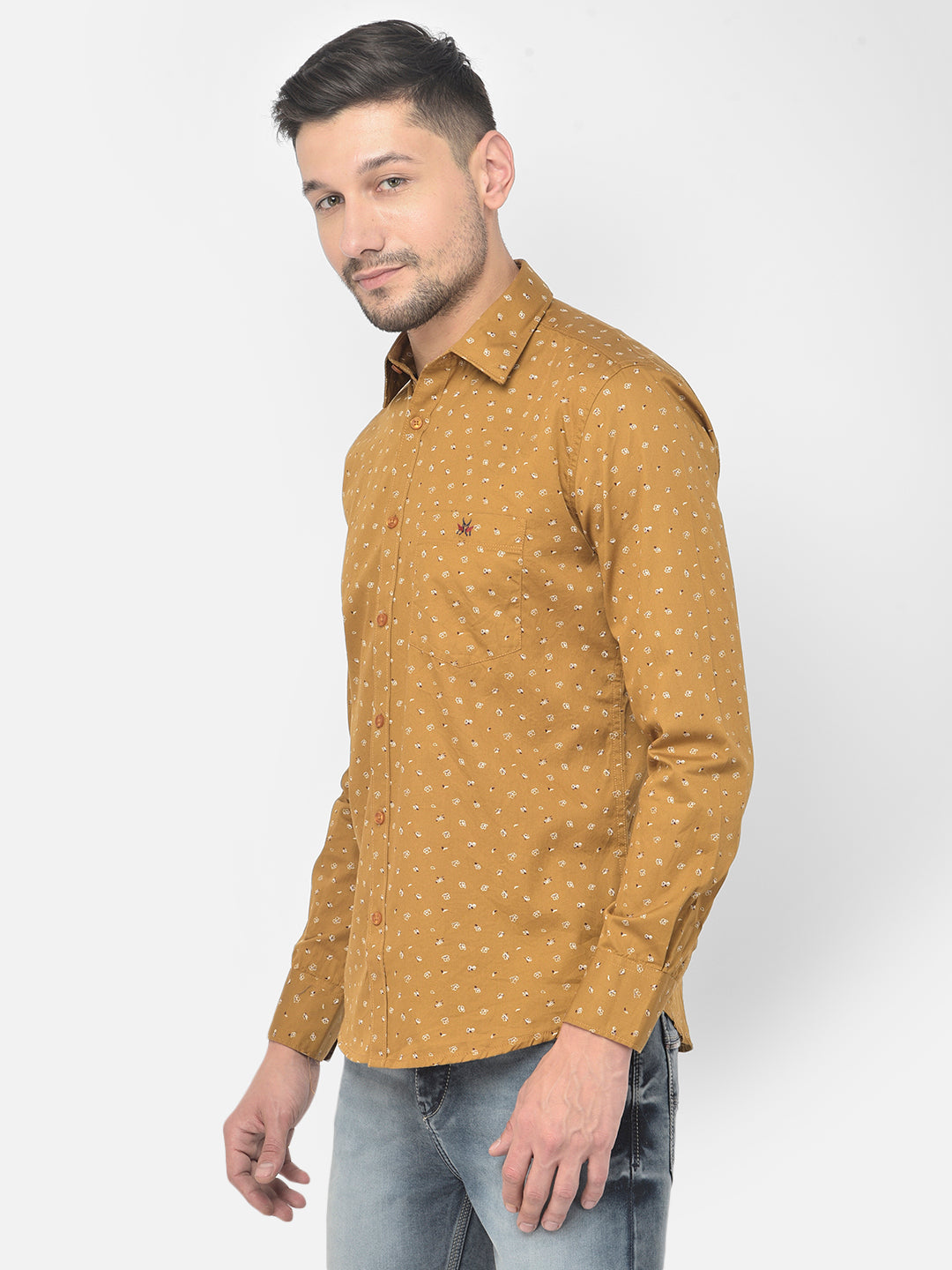 Mustard Printed Spread Collar Shirt - Men Shirts