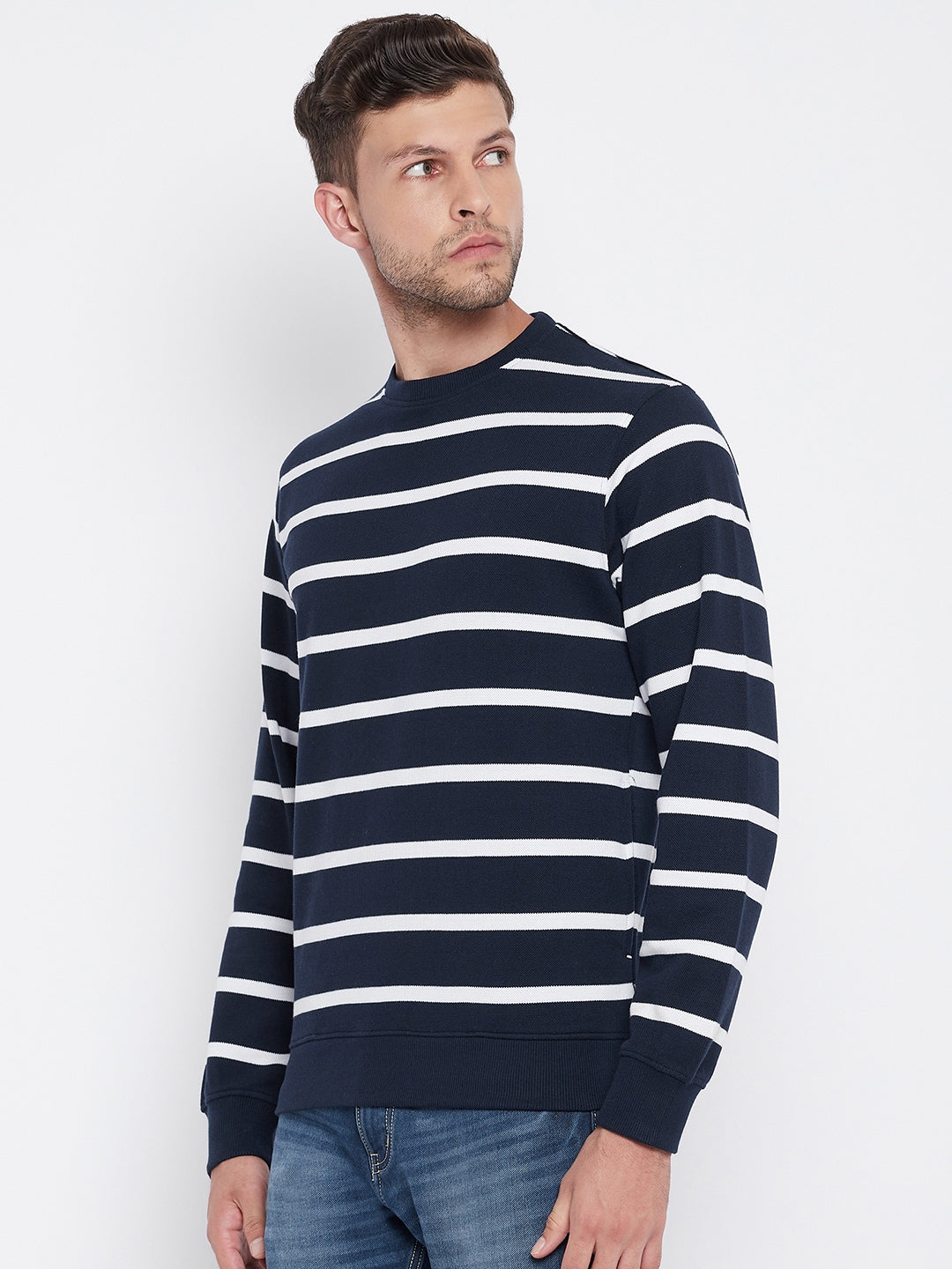 Navy Blue Striped Round Neck Sweatshirt - Men Sweatshirts