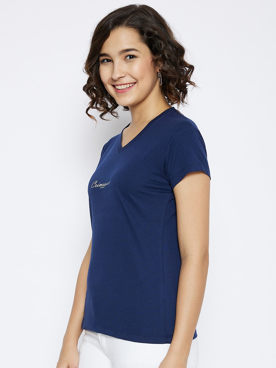 Navy Blue Printed V-Neck T-shirt - Women T-Shirts