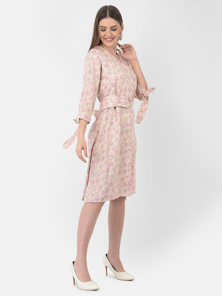 Pink Floral Printed V-Neck Dress With Belt - Women Dresses