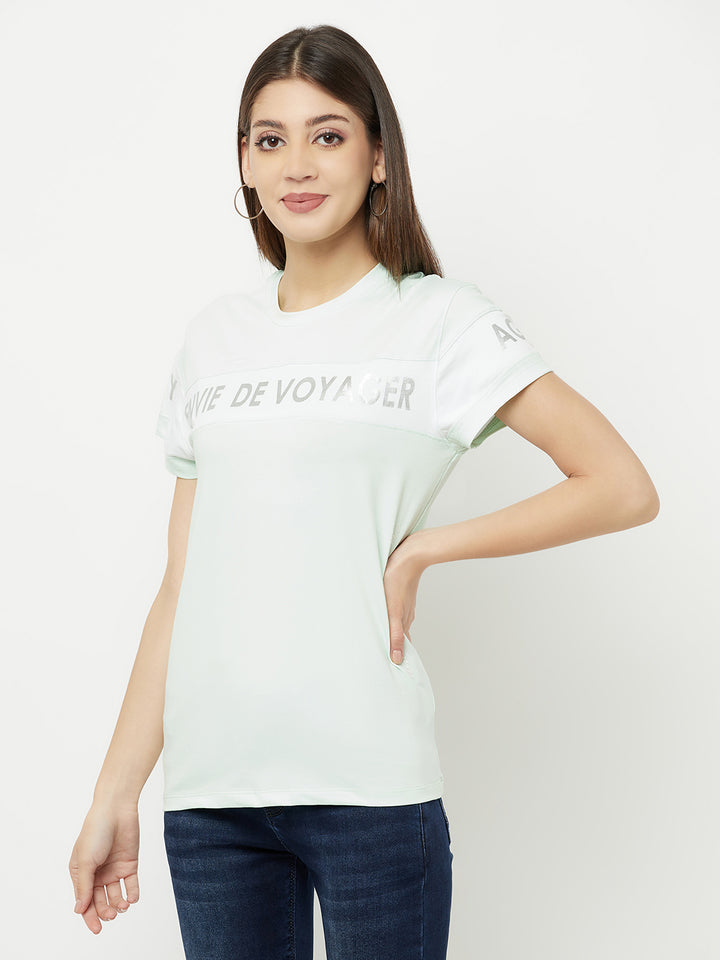 Mint Green Printed Round Neck T-Shirt - Women T-Shirts