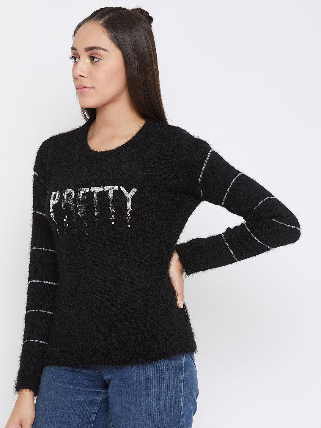 Black Printed Slim Fit Sweater Top - Women Sweaters