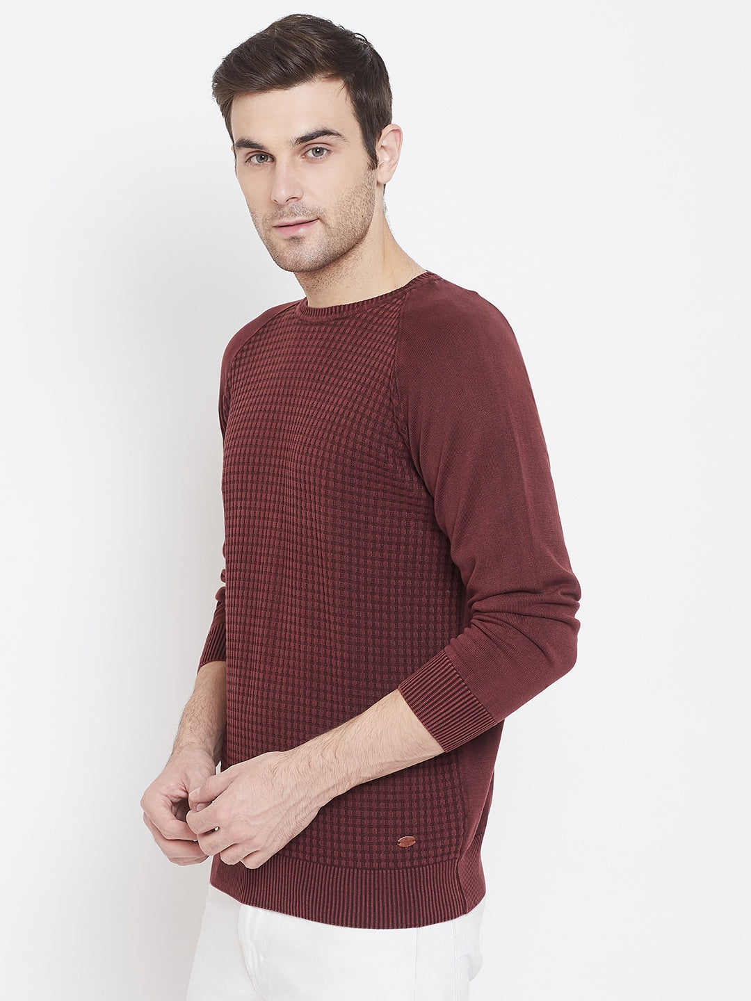 Maroon Self Design Round Neck Sweater - Men Sweaters